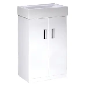 450mm Gloss White 2 Door Floorstanding Vanity Basin Sink Unit & Matt Black Waterfall Tap & Waste