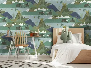 Prehistoric Teal Children's Wallpaper