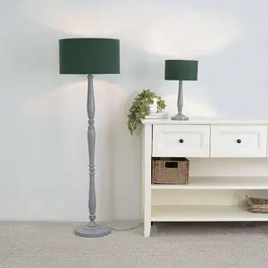 ValueLights Victoria Traditional Grey Wood Candlestick Floor Lamp with Forest Green Drum Shade - LED Bulb Included