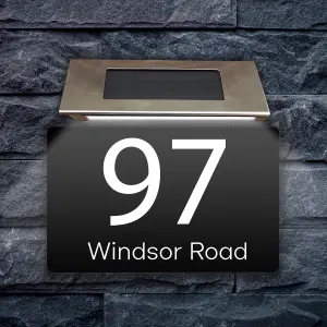 Personalised Aluminium House Plaque with Solar Light Customised with Your House Number and Street Name 160 x 280mm Black