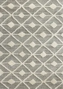 Grey White Diamond Geometric Plush Scandi Area Rug 200x290cm