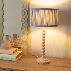 ValueLights Bobbins Painted Rose Table Lamp with Ruched Pleated Powder Blue Drum Lamp Shade