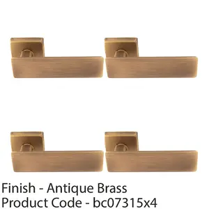 4 PACK - Premium Large Flat Door Handle Set - Antique Brass Designer Lever on Square Rose