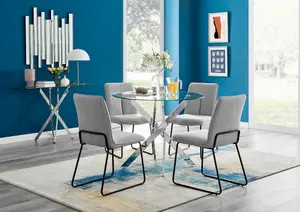 Furniturebox UK Novara Chrome Metal Round Glass Dining Table And 4 Light Grey Halle Chairs