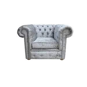 Chesterfield Low Back Club Chair Shimmer Silver Real Velvet Fabric In Classic Style