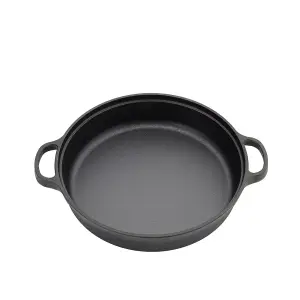 Black Round Pre Seasoned Cast Iron Frying Pan Kitchen Skillet with Double Handles Dia 28cm