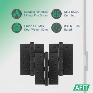 AFIT Matt Black Door Hinges - 4 Inch / 102mm  Internal Fire Door Hinges - 1.5 Pairs