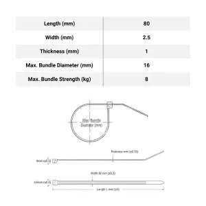 Reload Cable Ties 80mm x 2.5mm Black Nylon Plastic Zip Tie Wraps Small Size Ties - Pack of 100