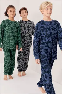 Boys Next Grey/Blue/Green Camouflage 3 Pack 100% Cotton Long Sleeve Pyjamas (3-16Yrs) - Grey/Blue/Green Camouflage