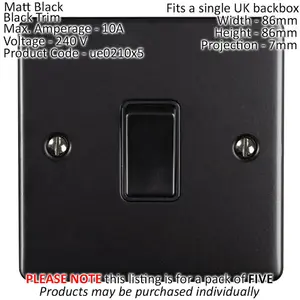 5 PACK 1 Gang Single Metal Light Switch MATT BLACK 2 Way 10A Black Trim