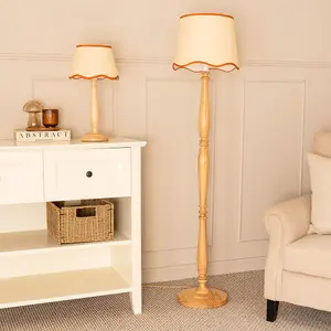 ValueLights Victoria Light Wood Floor Lamp with Linen Scallop Rust Trim Tapered Shade & Bulb