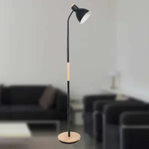 First Choice Lighting Clark Black with Wood Detail Flexi Arm Reading Floor Lamp