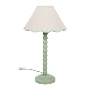 ValueLights Bobbles Sage Green Bobbin Table Lamp with Green Trim Scallop Shade - LED Bulb Included