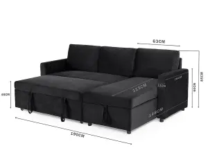 Dorset 3 Seater Pull-Out Reversible Chaise Sofa Bed, Black Velvet