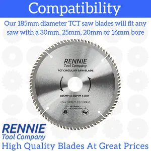 185mm x 80T TCT Circular Wood Saw Blade. Fits Evolution Bosch Makita Ryobi Dewalt Circular Saws Etc