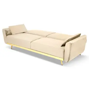 Libbie 3 Seater Click Clack Cream Velvet Sofa Bed with Gold Detail