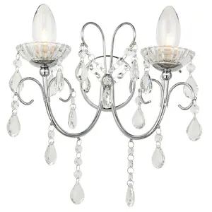 Bathroom Twin Wall Light Chrome & Hanging Crystal Glass Modern IP44 Dimmable