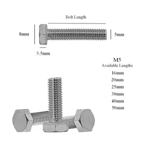 25 x Hex Head Set Screw Bolts M5 x 20mm, Fully Threaded,