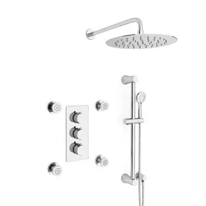 Flora Round 3 Way Concealed Thermostatic Shower Mixer Valve,Head, Handset, Slider Rail kit, Body Jets Set Chrome