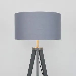 ValueLights Morrigan Grey Wood Tripod Design Floor Lamp with Storage Shelf & Grey/Chrome Drum Shade with LED Bulb