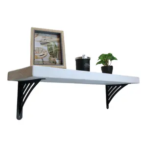 Solid Wood Handmade Rustical Shelf White 225mm 9 inch with Black Metal Bracket WAT Length of 210cm