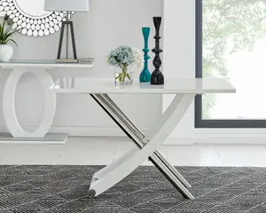 Furniturebox UK Mayfair 4 White High Gloss And Stainless Steel Dining Table And 4 Mustard Velvet Milan Chairs