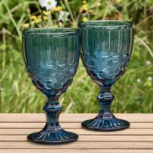 Set of 4 Vintage Luxury Sapphire Blue & Rose Quartz Drinking Wine Glass Wine Goblets 350ml