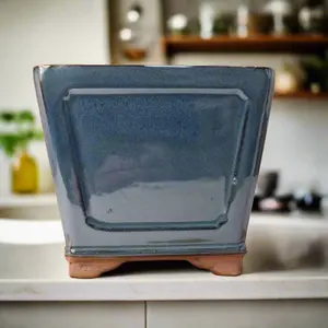 19cm Glazed Cascade Bonsai Pot - Square - 19cm x 19cm x 14cm - Blue