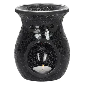 Black Glass Flared Oil, Wax Melt Burner. Mirrored Crackle Effect. H14 cm