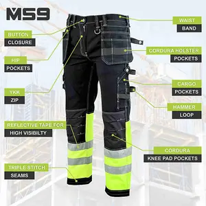 MS9 Mens Hi Viz Cargo Combat Holster Pockets Tactical Working Work Trouser Trousers Pants Jeans, Black/Green - 30W/32L