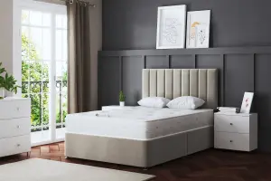 Amelia Beige Upholstered Panel Divan Bed with Headboard and Four Drawers Single