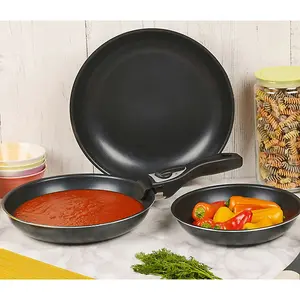 URBN-CHEF 3pcs Black Ceramic Induction Frying Pan Set Stackable Detachable Handle Pots Pan