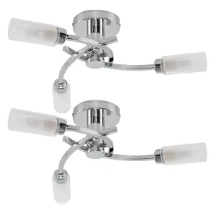 ValueLights Claudia Pair of Modern 3 Way Spiral Flush Silver Chrome Ceiling Light Fittings with Glass Shades