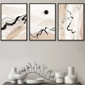 Set of 3 Beige Black Abstract Mountain Contours Wall Art Prints / 30x42cm (A3) / Black Frame