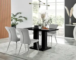 Furniturebox Imperia 4 Modern Black High Gloss Dining Table and 4 Light Grey Nora Silver Leg Chairs