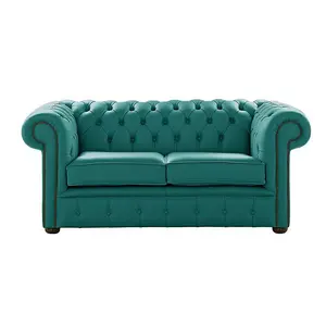 Chesterfield 2 Seater Shelly Dark Teal Leather Sofa Settee Bespoke In Classic Style