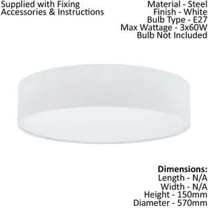 Flush Ceiling Light Colour White Round White Fabric Shade Bulb E27 3x60W