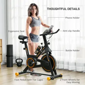 HOMCOM Exercise Bike Indoor Cycling w/ LCD Display, Heart Rate Sensor, Orange