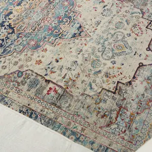 Ivory Blue Rug, Stain-Resistant Bordered Floral Rug, Traditional Luxurious Rug for Bedroom, & Dining Room-61cm X 173cm (Runner)