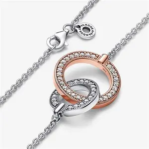 Pandora Signature Two Tone Intertwined Circles Necklace - Sterling Silver And 14K Rose Gold-Plated Unique Metal Blend / Cubic Zirconia - Sz. 45 cm