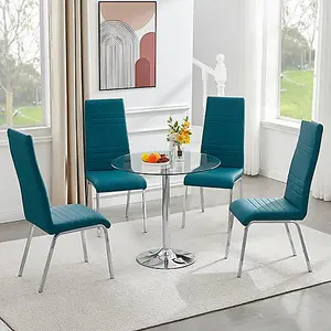 Dante Round Clear Glass Dining Table With 4 Dora Teal Chairs