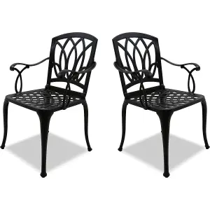 Homeology Positano 2-Large Garden and Patio Bistro Chairs with Armrests in Cast Aluminium Black