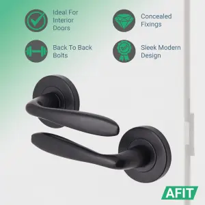 AFIT - Matt Black Bathroom Door Handle Set Internal Door Handles 64mm Lock 76mm Hinges Santeau Range