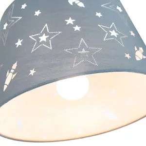 Rockets and Stars Childrens/Kids Grey Cotton 25cm Bedroom Pendant or Lamp Shade