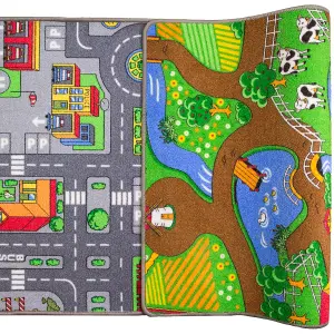 Kids Double Sided Play Mat Roads City Farm Play Room Rug 80x150cm