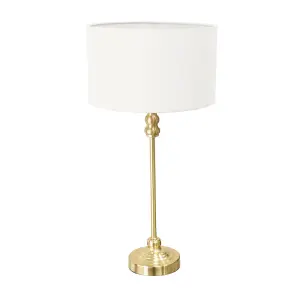 ValueLights Maggie Gold Metal Candlestick Slim Table Lamp with White Fabric Drum Lamp Shade and LED Bulb