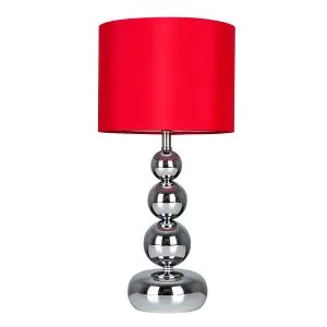 ValueLights Marissa Pair of Chrome Stacked Balls Table Lamps with Red Faux Silk Shades