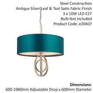 Antique Silver Ceiling Pendant Light & Teal Satin Shade - 3 Bulb Hanging Fitting