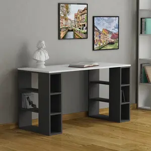 Simone Modern Desk with Built-in Bookcase – Stylish Workspace Desk with 6 Open Shelves Anthracite / Saphire Oak