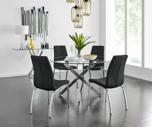 Furniturebox UK Novara Chrome Metal And Glass Large Round Dining Table And 4 Black Isco Chairs Set